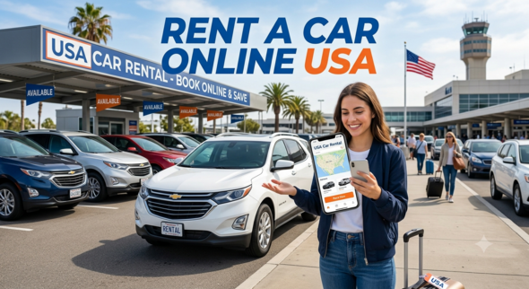 A smiling woman stands outside a U.S. airport rental facility holding a smartphone displaying a car rental map app, with the text "Rent a Car Online USA" displayed at the top. Next to her is a line of rental cars, including a white SUV, parked under a canopy bearing a "USA Car Rental" sign, with an American flag and airport control tower in the background.